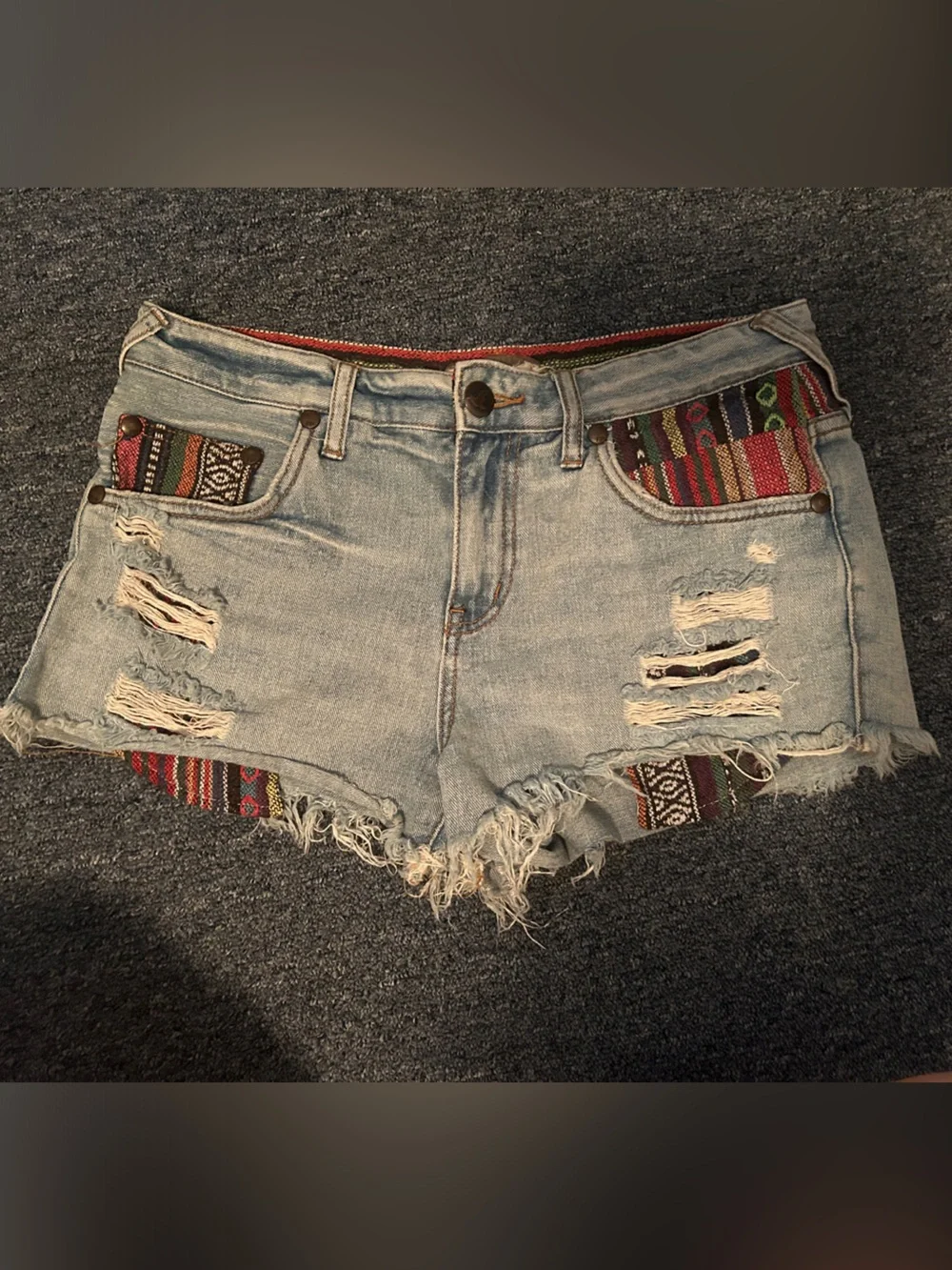 Free People FP Distressed Aztec Inset Denim Shorts Boho Festival Size 28